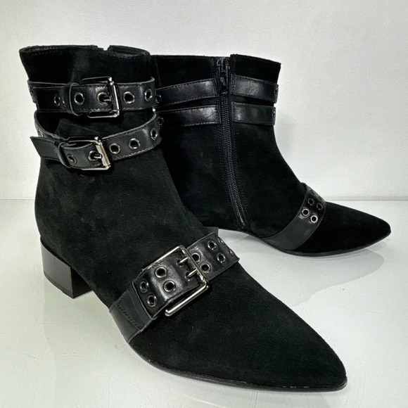 Napoleoni Shoes - Napoleoni Black Suede Pointed Toe Adjustable Strap Detail Ankle Boots Size 37